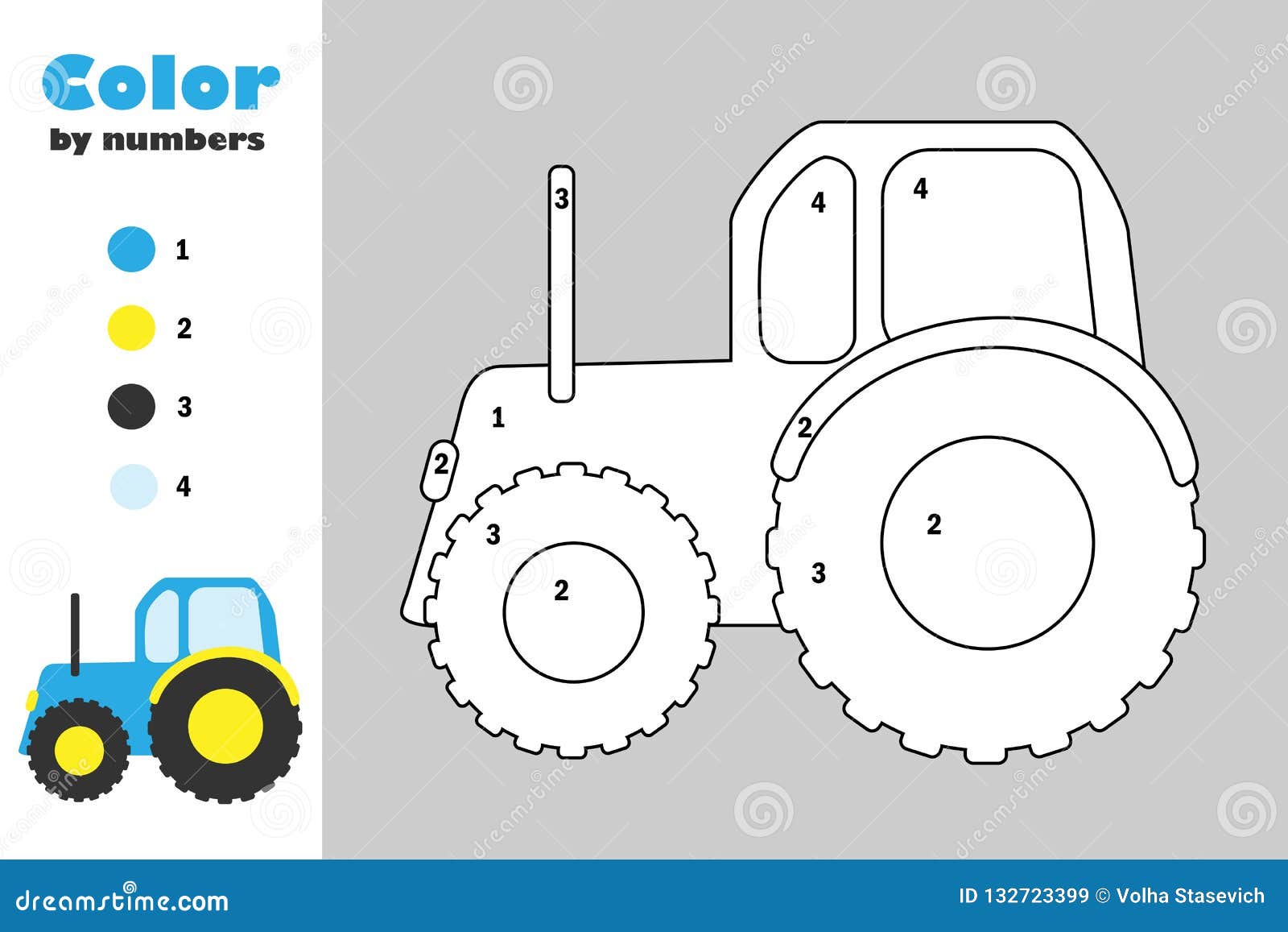 Tractor in cartoon style color by number education paper game for the development of children coloring page kids preschool stock illustration