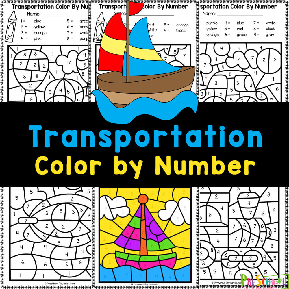Free printable transportation color by number worksheets