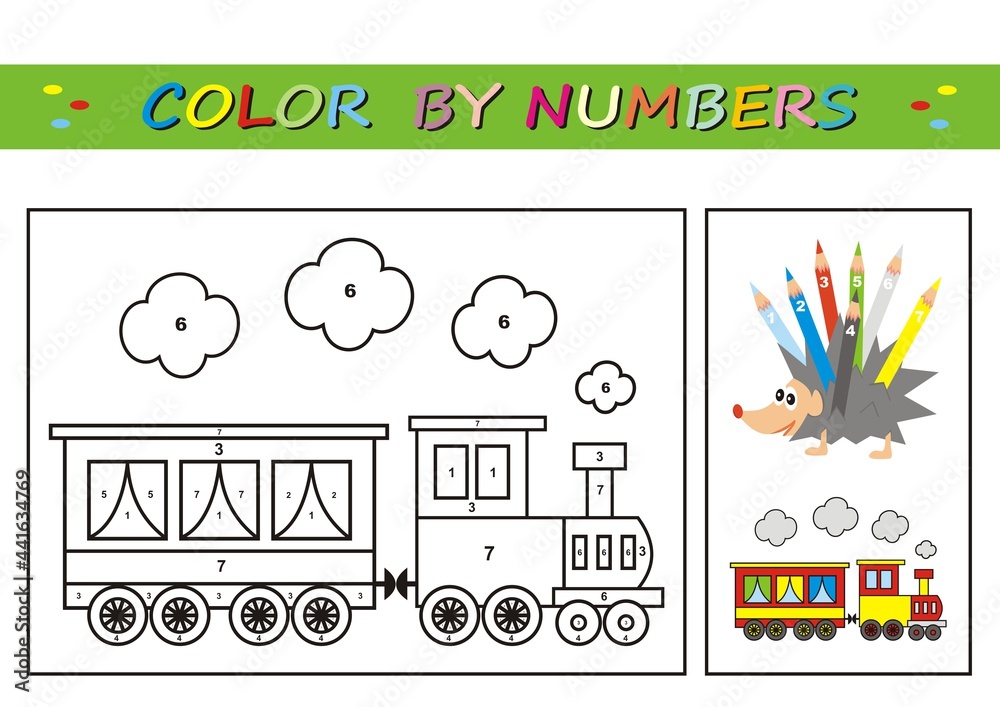 Vektorovã grafika âtrain coloring book color by numbers number coloring page for preschool children learn numbers for kindergartens and schools educational game worksheet for education â ze sluåby