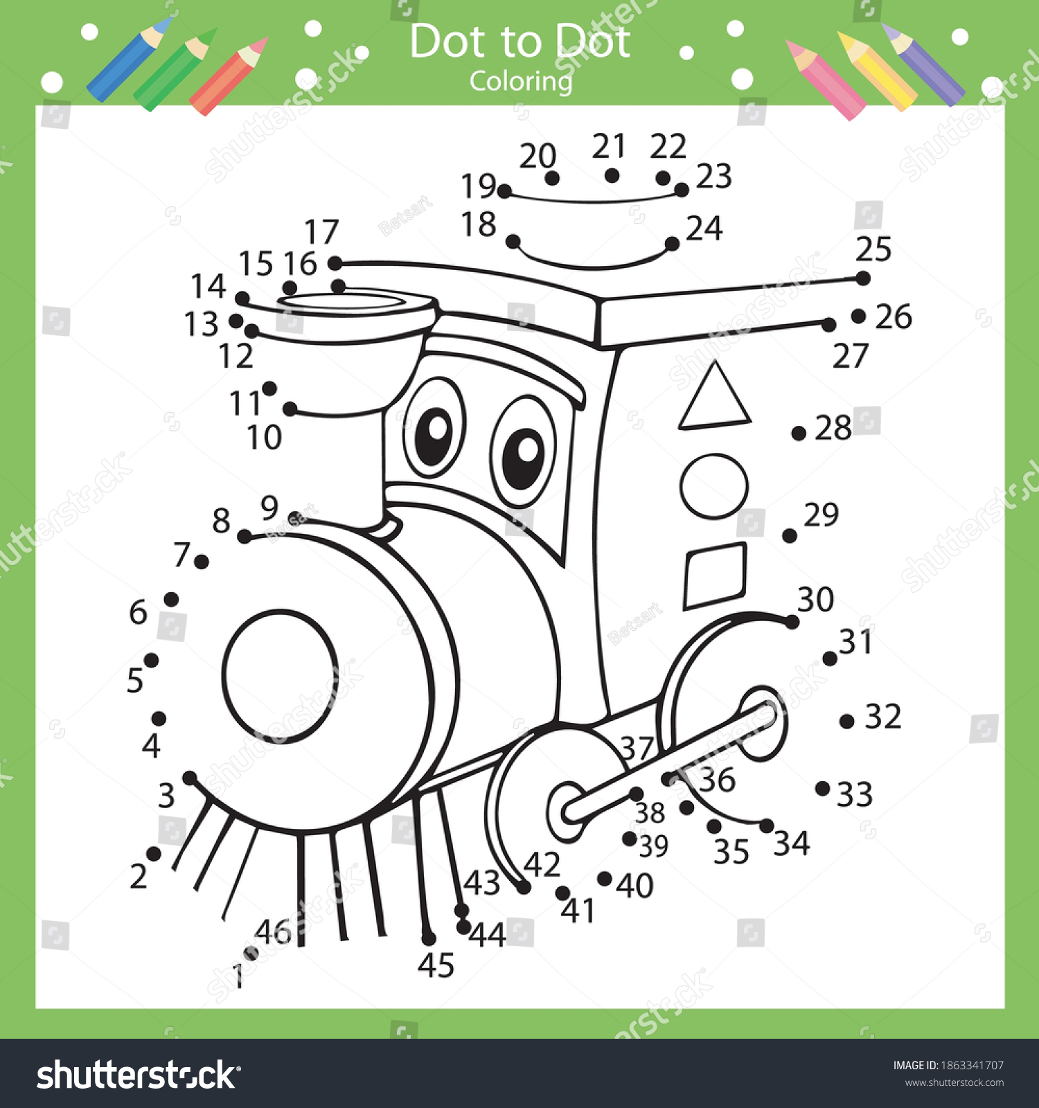 Dot dot train drawing worksheets children stock vector royalty free