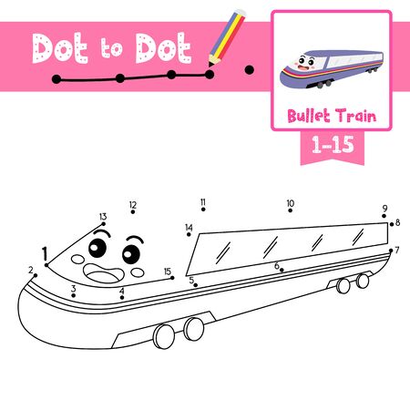 Dot to dot educational game and coloring book of cute bullet train cartoon character perspective view transportations for preschool kids activity about learning counting number