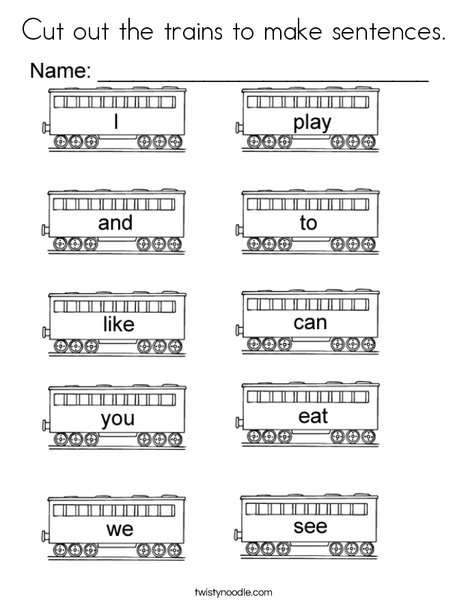 Cut out the trains to make sentences coloring page