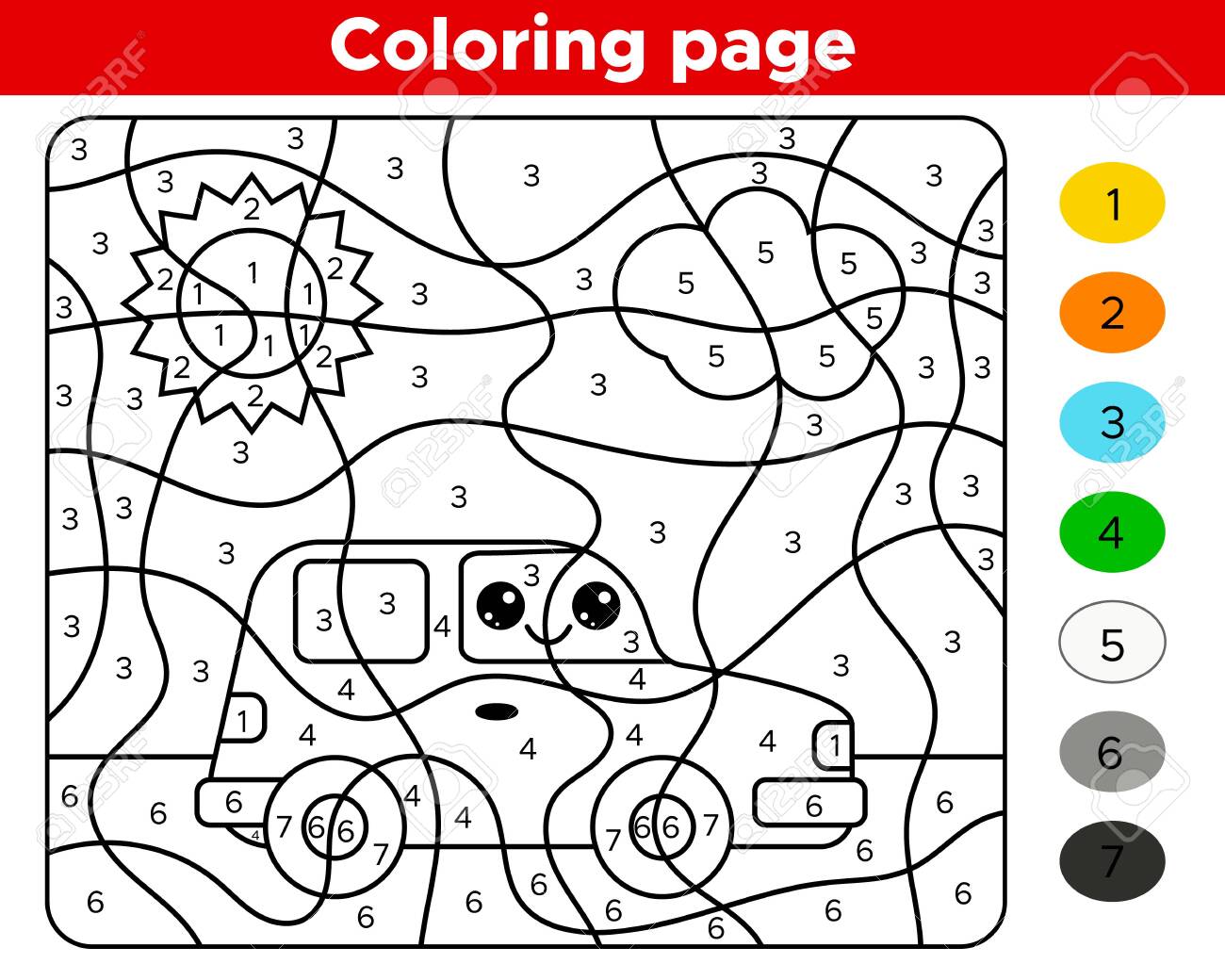 Number coloring page for preschool children cute kawaii transport