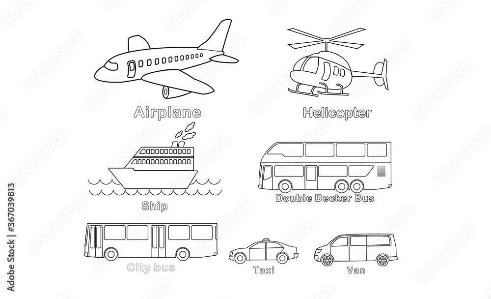 Simple monoline d vehicles coloring books set transportations or heavy equipment educational game and primary education simple level of difficulty coloring pages for kindergarten and preschool vector