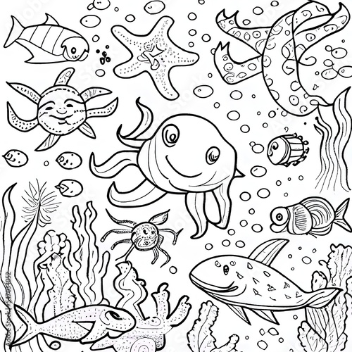 Coloring pages for kids under the sea cute marine life illustration