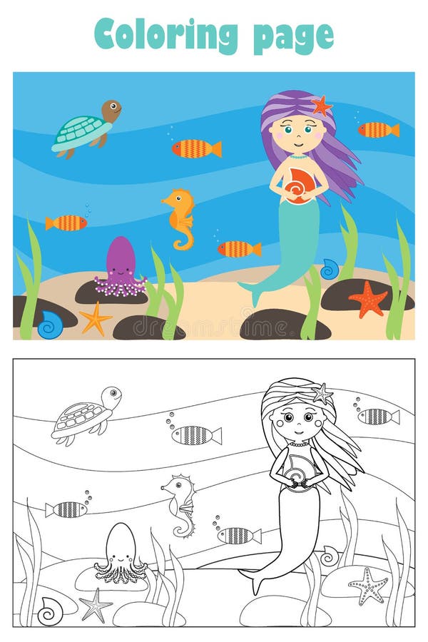 Mermaid under water in cartoon style summer coloring page education paper game for the development of children kids preschool stock illustration