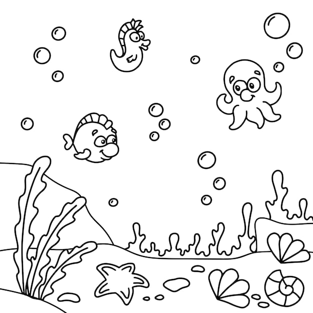 Premium vector undersea world coloring book page for kids