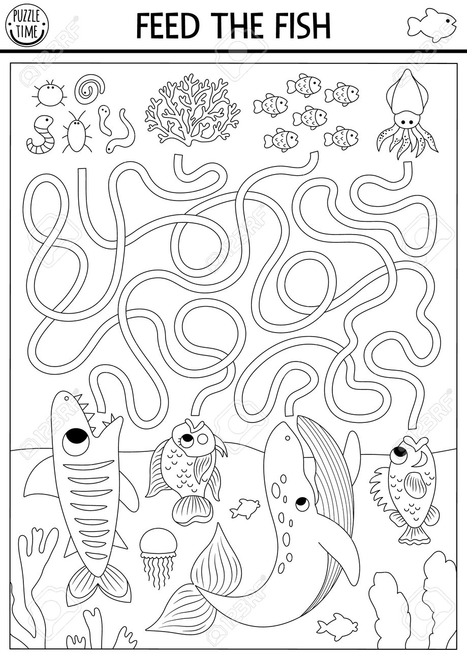 Under the sea black and white maze for kids with turtle whale shark bass parrotfish ocean line preschool activity with fishes food water labyrinth game coloring page feed the fish royalty free