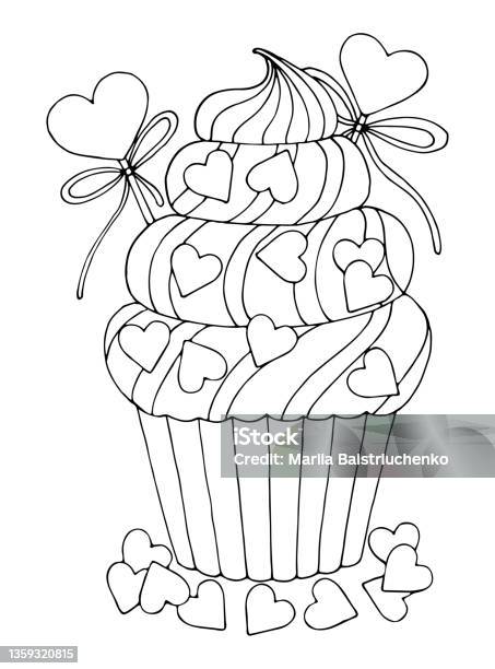 Coloring page love cute sweet cupcake with cream candy hearts valentine design hand drawn vector line