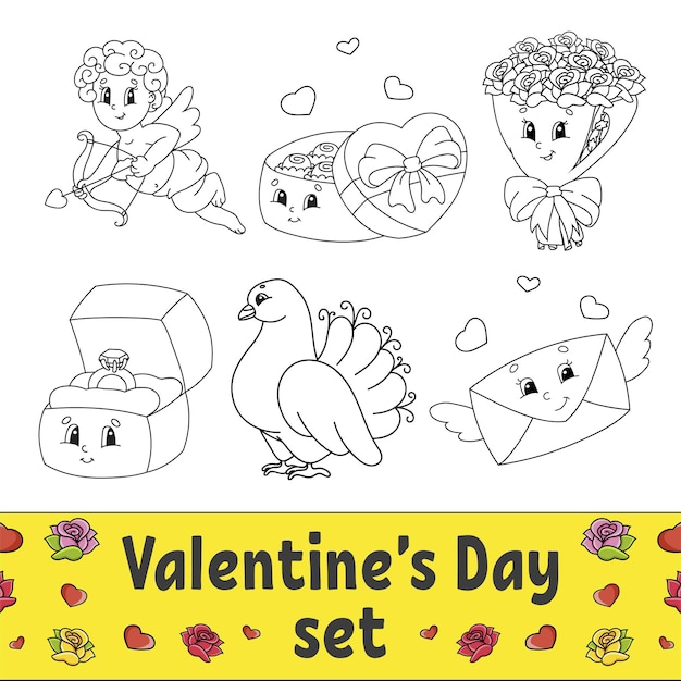 Premium vector coloring book for kids valentines day clipart cheerful characters