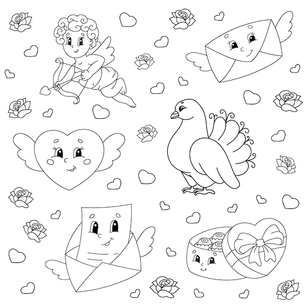 Premium vector coloring book for kids valentines day clipart cheerful characters