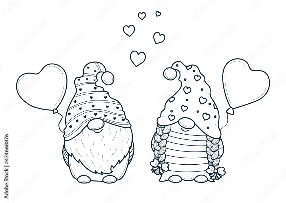 Cute valentine gnomes gnomes with balloon hearts for coloring bookline art design for kids coloring page vector