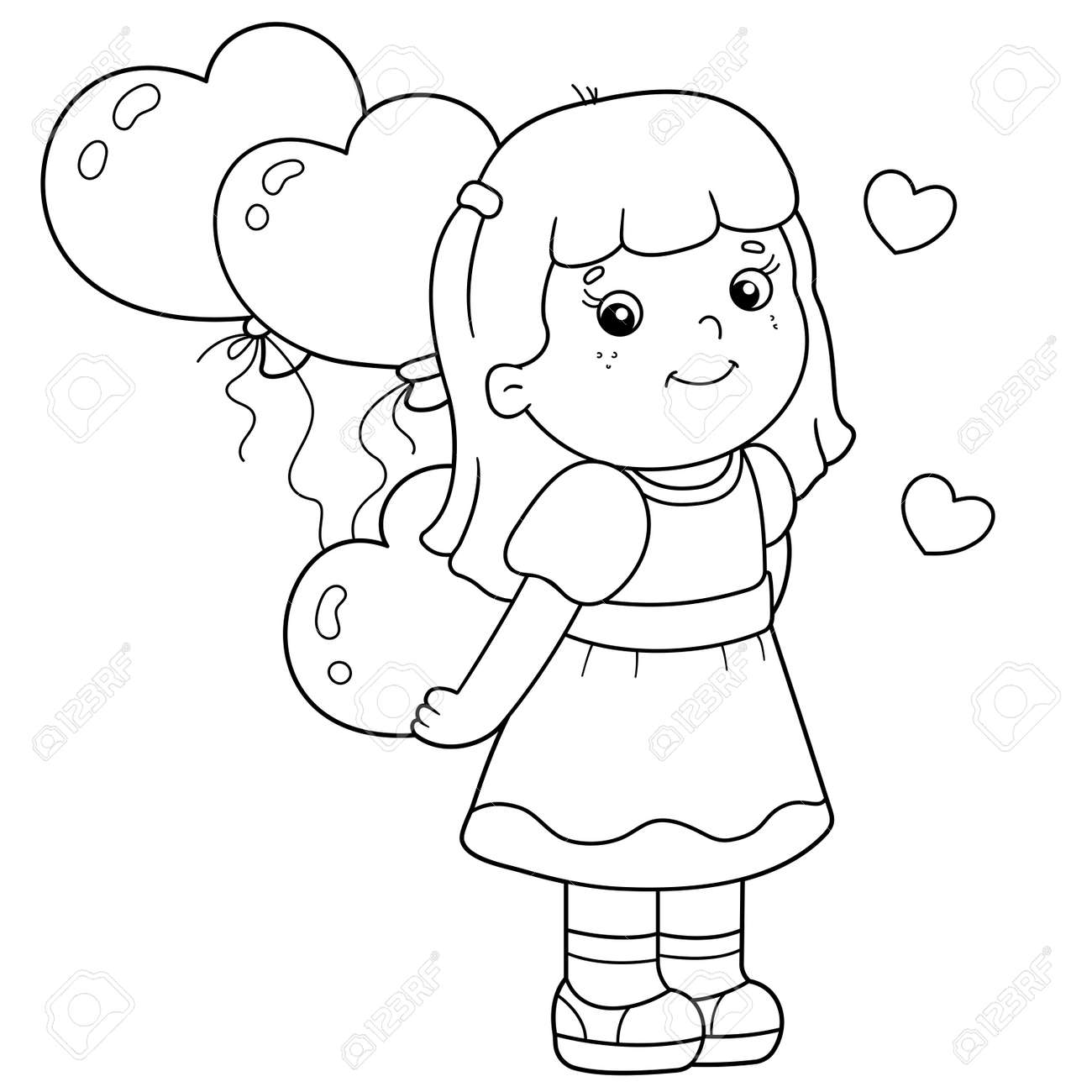 Coloring page outline of cartoon girl with heart and balloons valentines day coloring book for kids royalty free svg cliparts vectors and stock illustration image