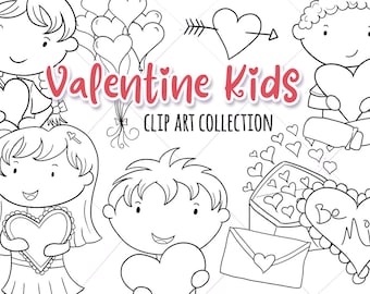 Valentines day kids digital stamps valentine illustrations hearts and balloons clipart cute kid valentine clipart black and white