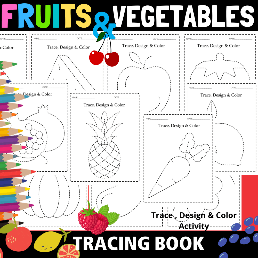 Fruits and vegetables tracing and coloring pages made by teachers