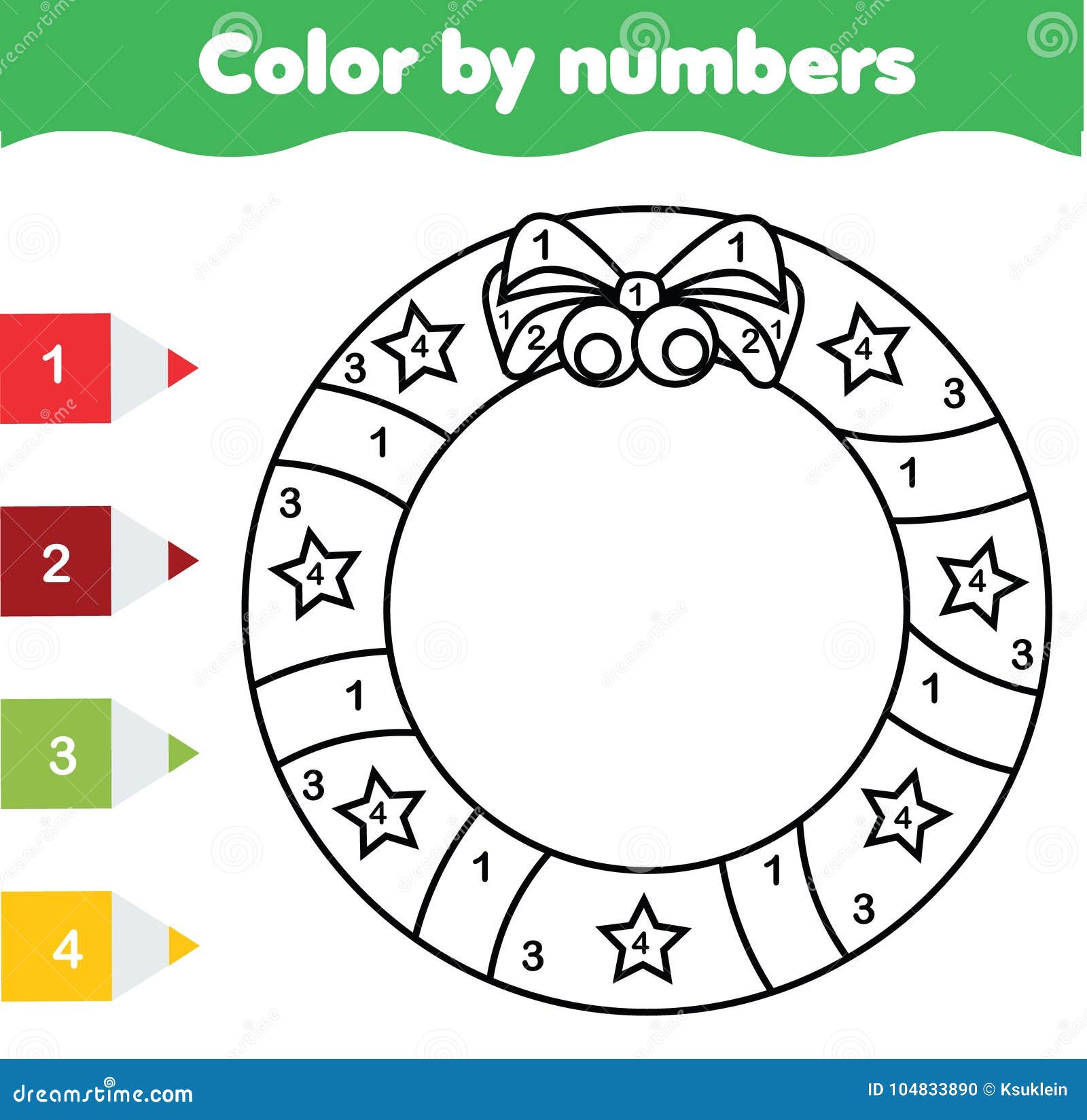 Children educational game coloring page with christmas wreath color by numbers printable activity winter holidays theme stock vector