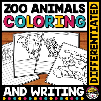 Zoo animals coloring book picture writing prompt paper pages activity sheets