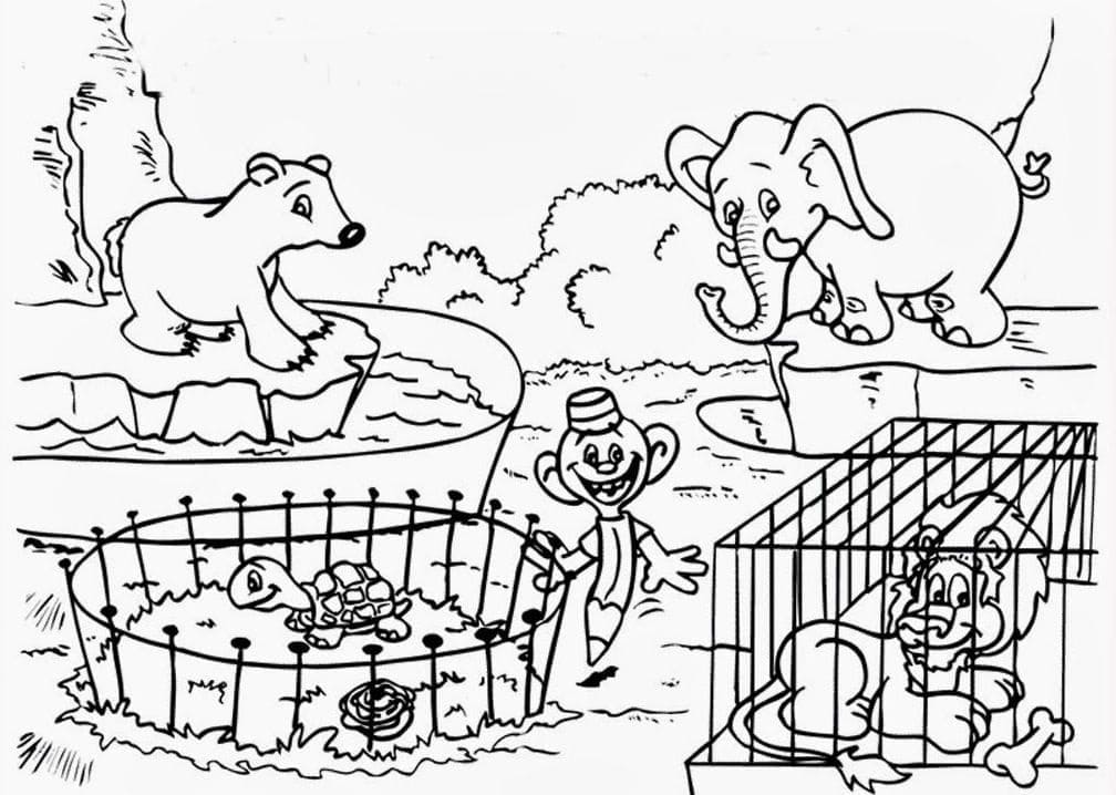Funny zoo animals coloring page