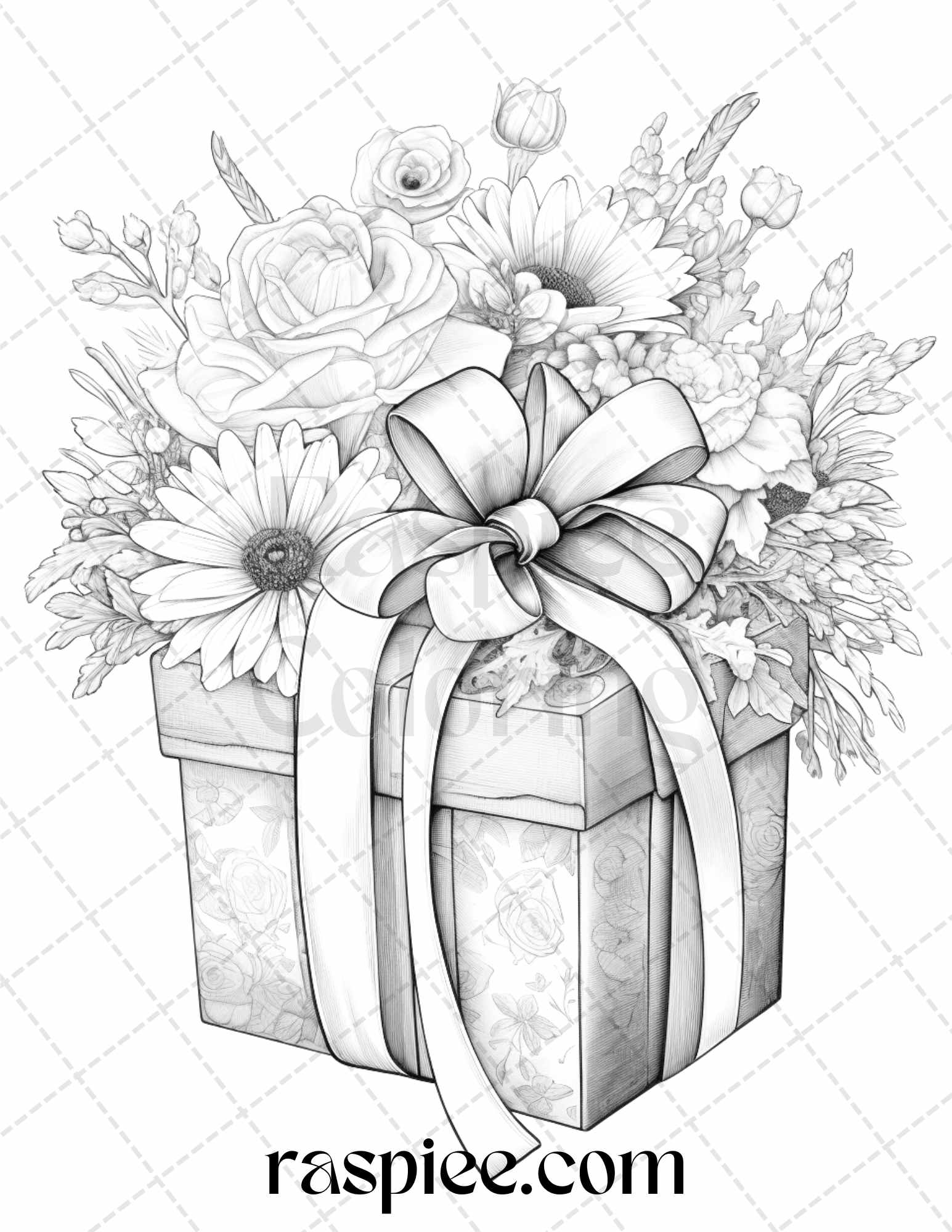 Flower gift box grayscale coloring pages printable for adults kids â coloring