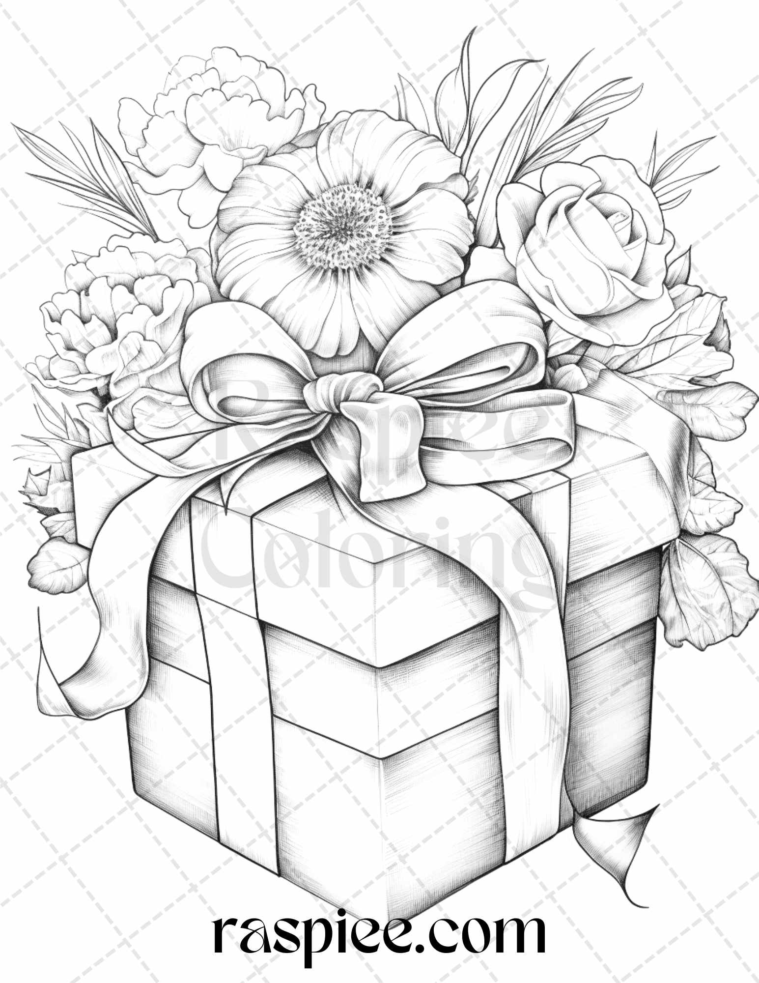Flower gift box grayscale coloring pages printable for adults kids â coloring