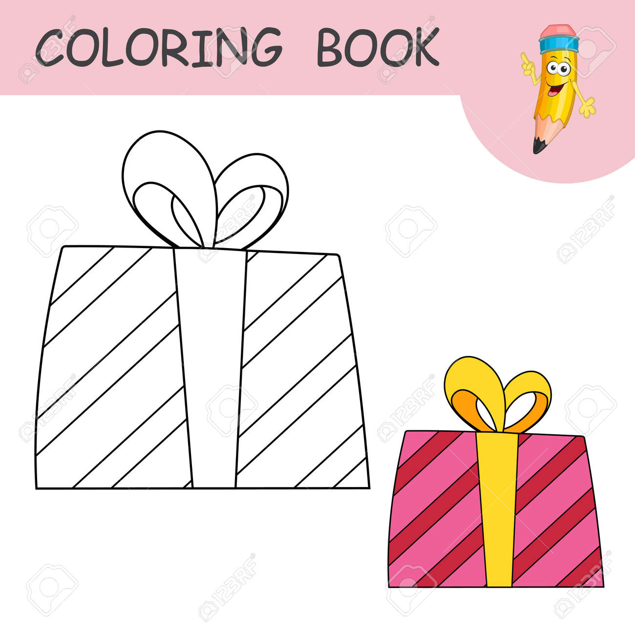Cartoon present box coloring book with gift box colorless and color samples christmas or birthday box on coloring page for kids simple template of black contour silhouette gift box for coloring royalty