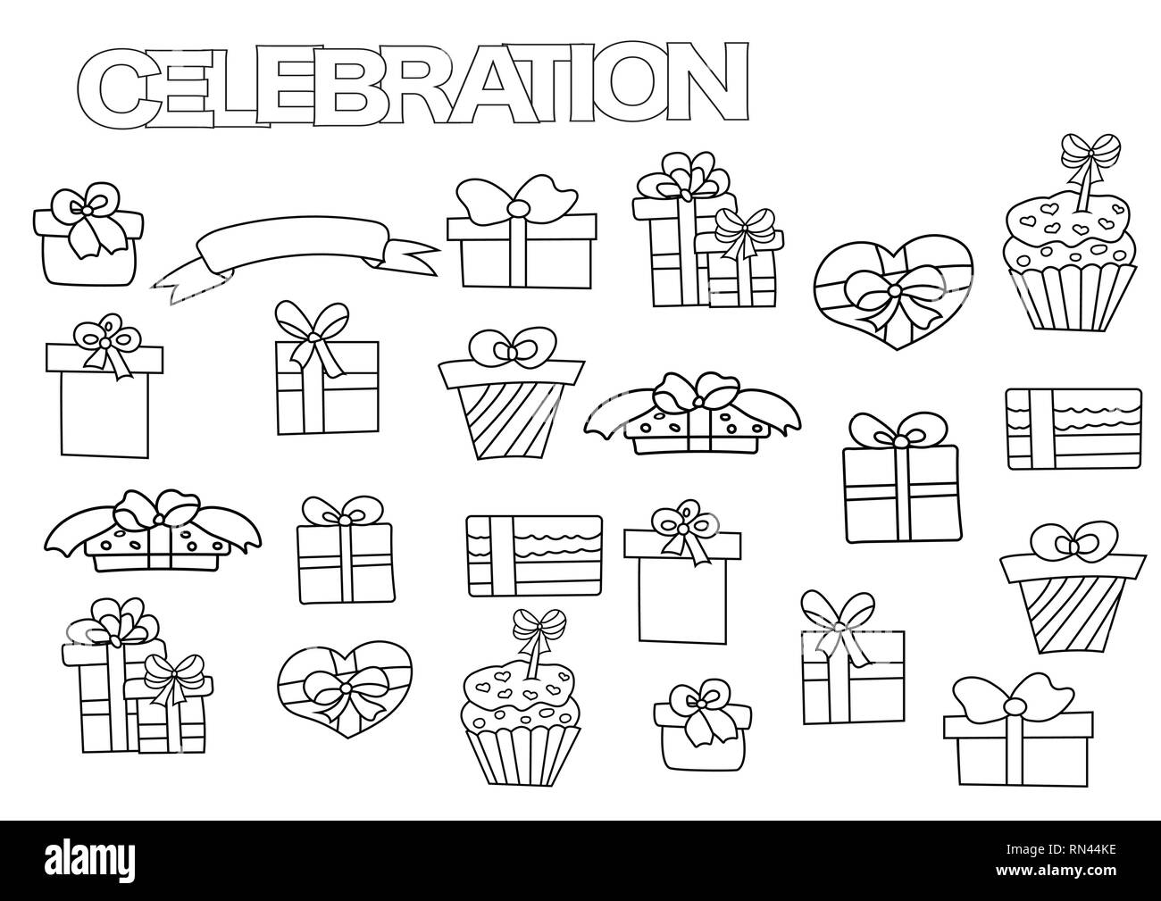 Hand drawn gift boxes set coloring book page template with presents outline doodle vector illustration stock vector image art