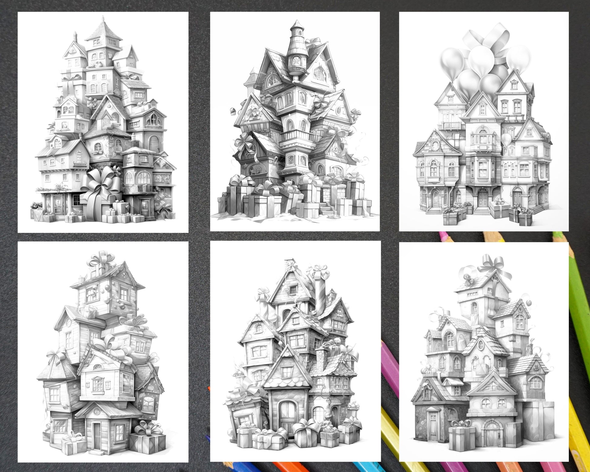 Adorable gift box houses grayscale coloring pages printable for adu â coloring