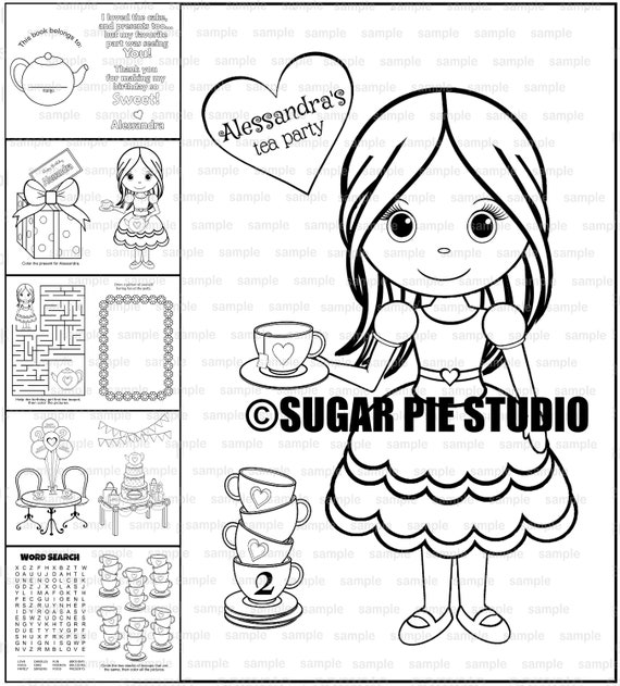 Tea party favor birthday coloring book gift personalized printable template colouring activity