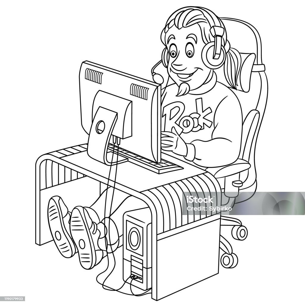Coloring page of cartoon gamer or puter programmer stock illustration