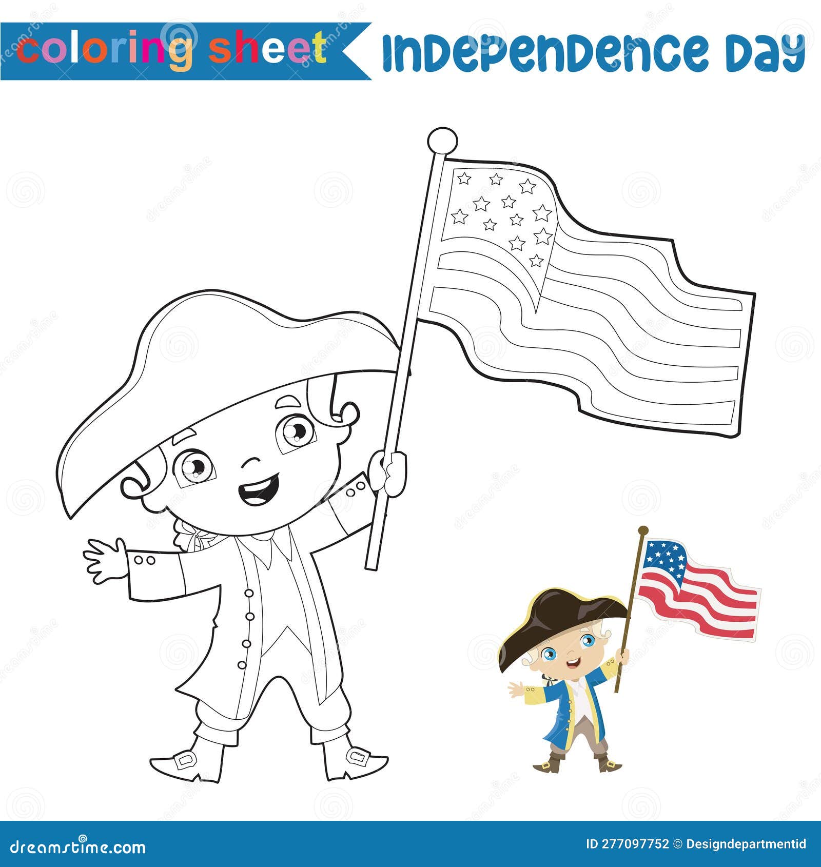 Coloring the st president of usa george washington holding the flag of america stock vector