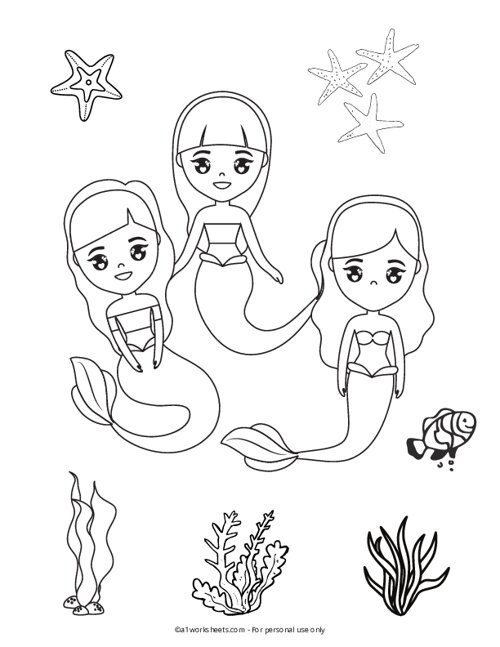 Free three mermaids coloring pages for kids