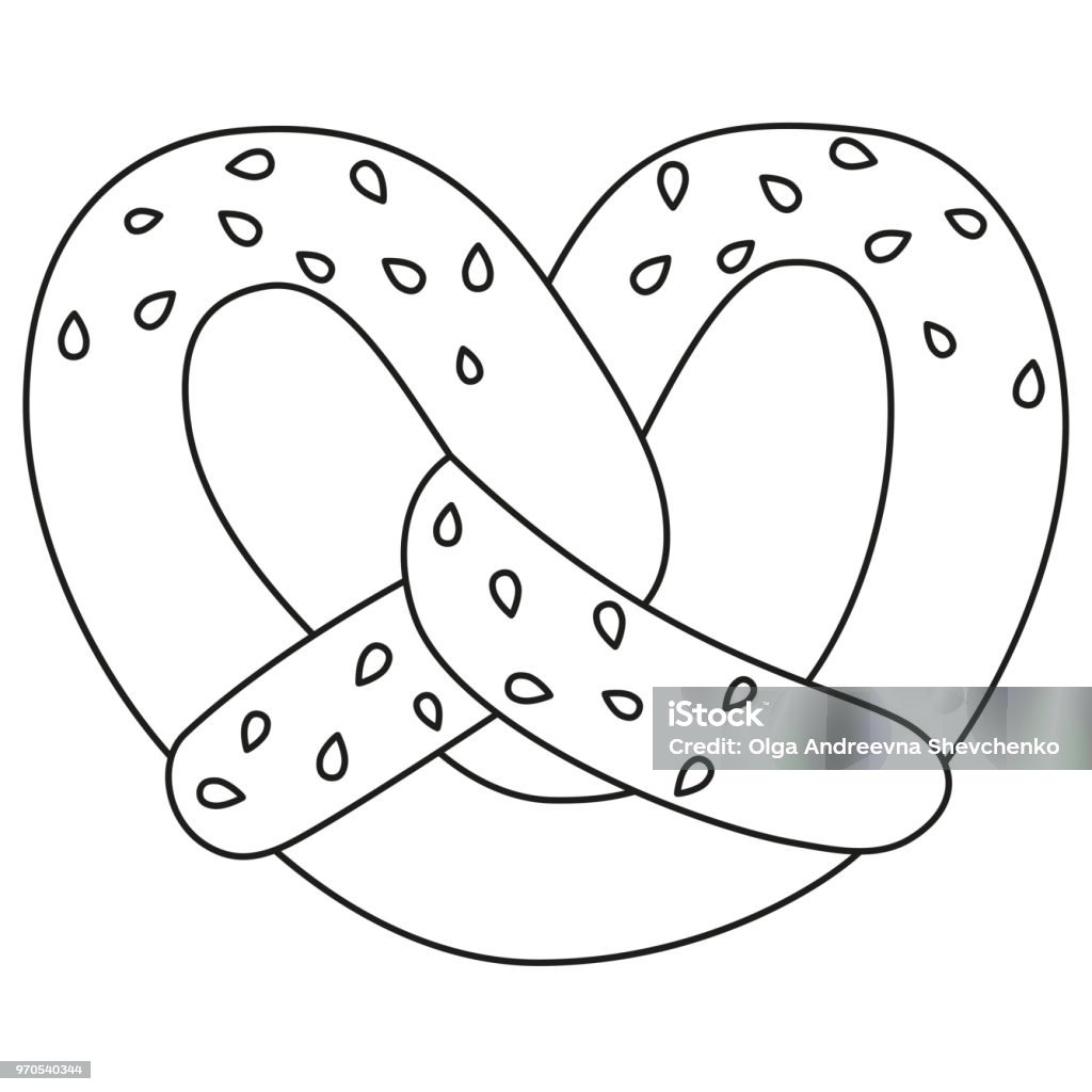 Line art black and white pretzel with sesame seed stock illustration