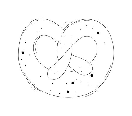 Salty bavarian pretzel vector illustration in cartoon style in black and white doodle on a white isolated background