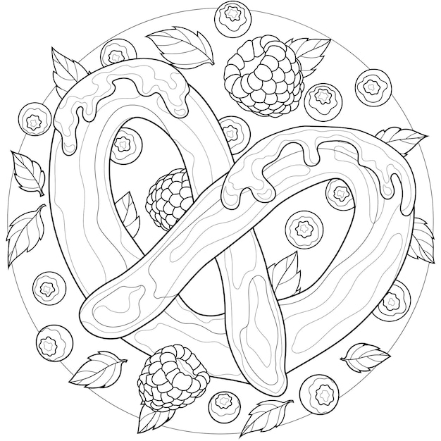 Premium vector pretzel with raspberries blueberries mint and jamtasty sweetscoloring book antistress for children and adults zen
