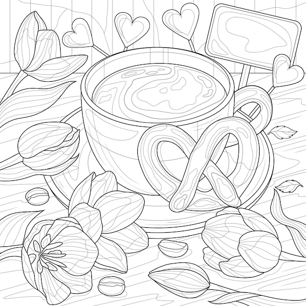 Premium vector cup of coffee pretzel and tulipscoloring book antistress for children and adults illustration isolated on white background zentangle style hand draw