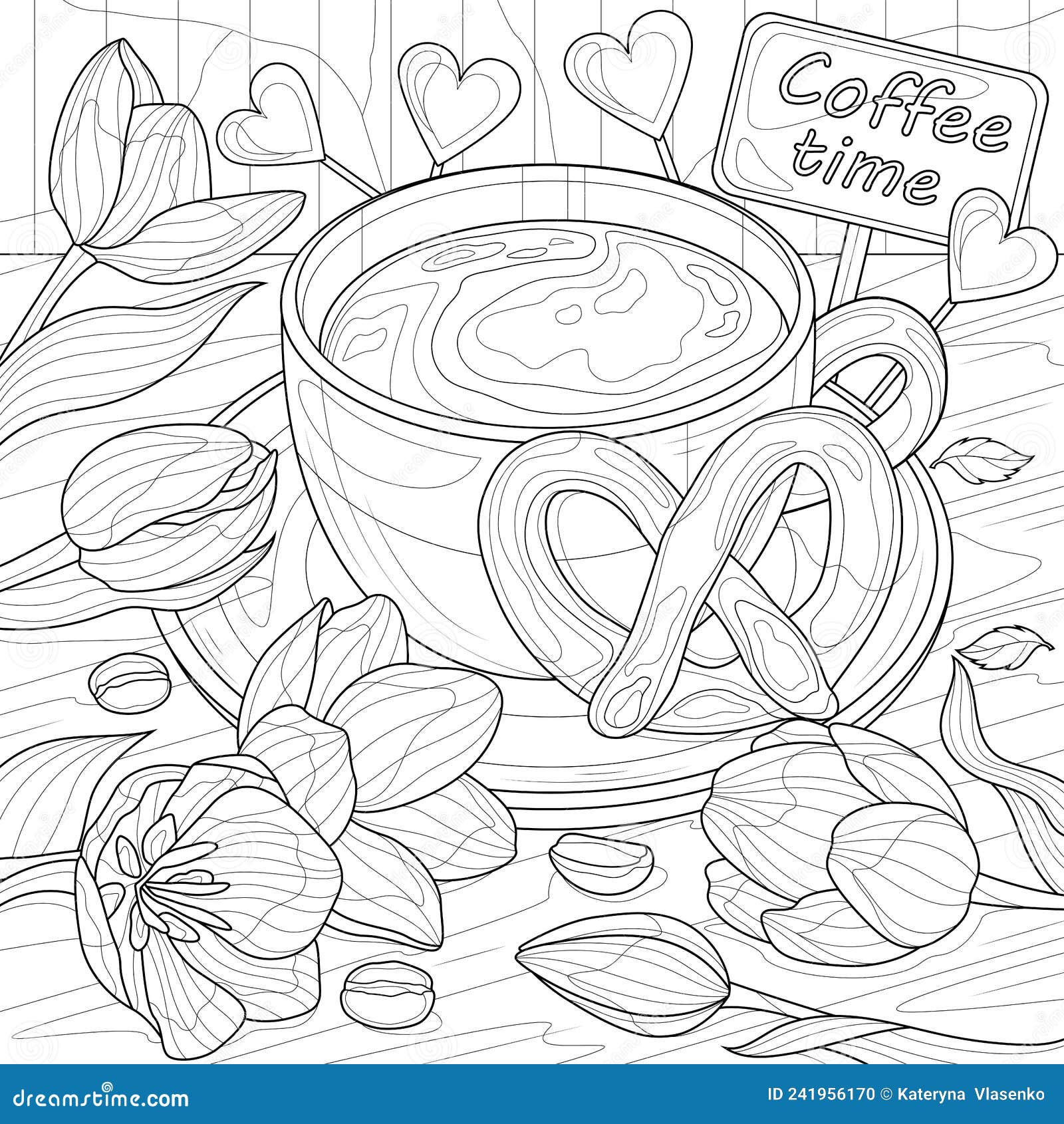 Cup of coffee pretzel and tulipscoloring book antistress for children and adults stock vector