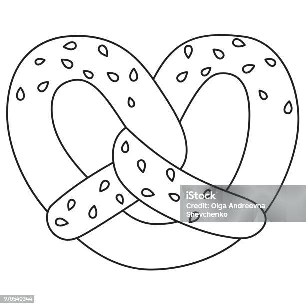Line art black and white pretzel with sesame seed stock illustration