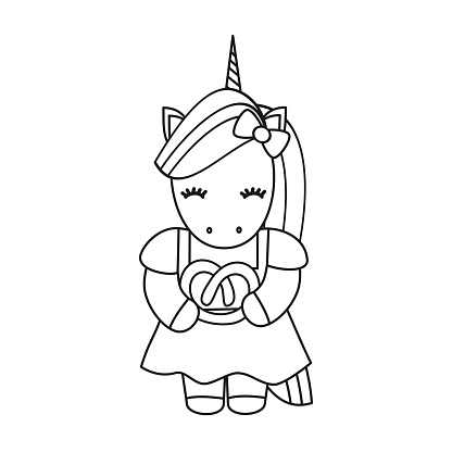 Cute cartoon black and white vector unicorn with pretzel for coloring art stock illustration