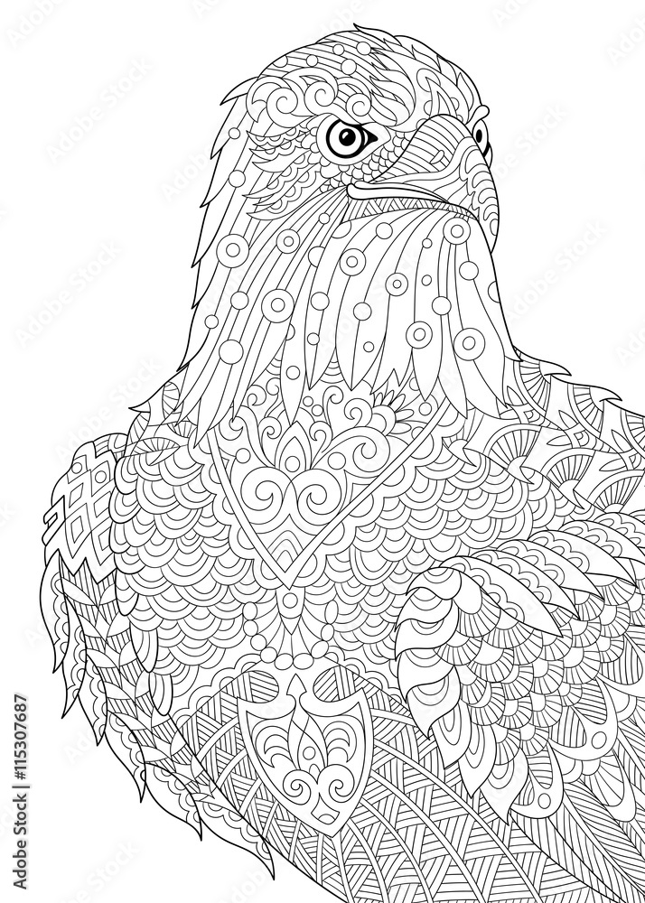 Zentangle stylized cartoon eagle of prey hawk falcon osprey hand drawn sketch for adult antistress coloring book page t
