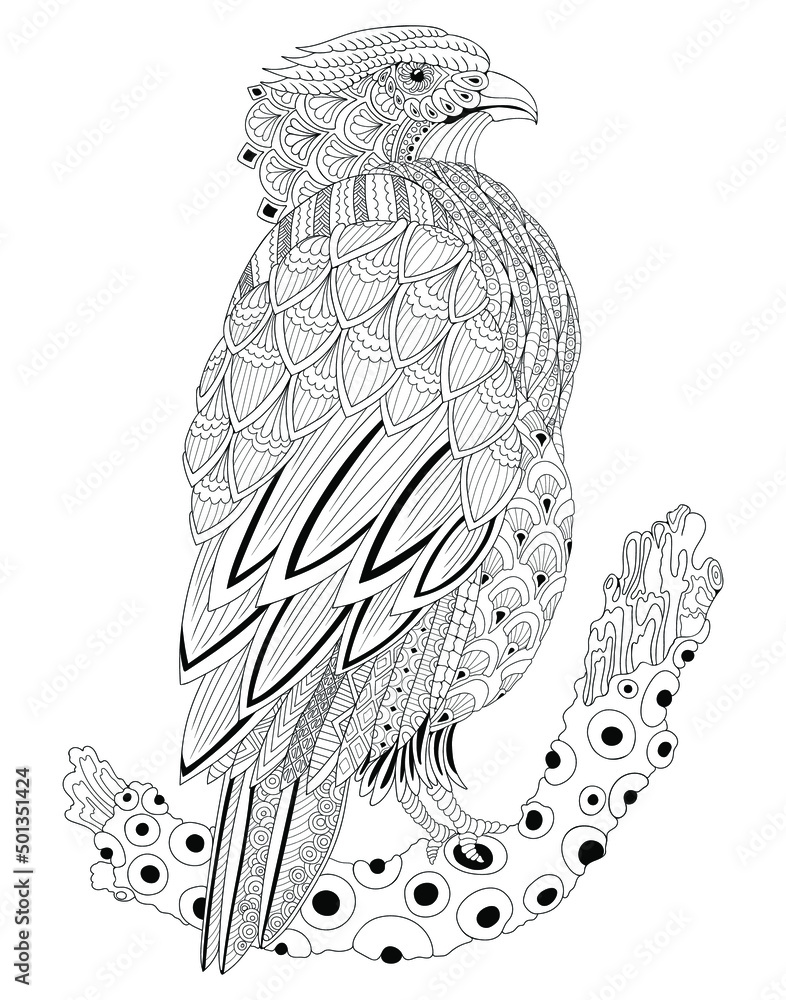 Inverted black and white image of a falcon on a white background hand drawn in zentangle style for t