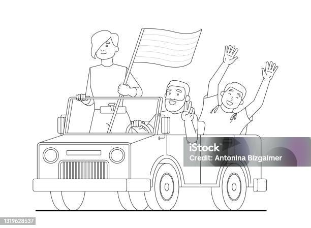 Vector outline image of people in a car holding an lgbt flag during the month of