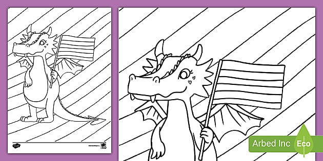 Lliwio draig gyda baner enfysrainbow flag colouring page