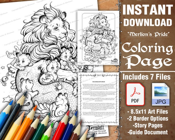 Merlions pride coloring page download merlion and cubs instant download printable coloring page jpeg pdf by heather r hitchman