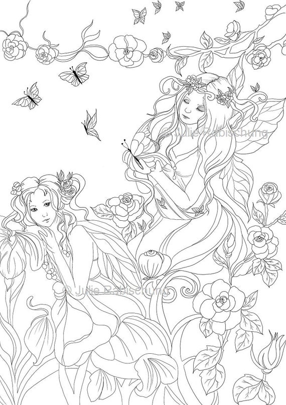Fairies coloring pageflowers fairiesspringbutterfliesprintable coloring pagehigh resolutioninstant downloadfantasy coloring page