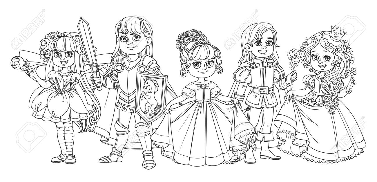 Children in carnival costumes of the fairyprince princess and knight outlined for coloring page royalty free svg cliparts vectors and stock illustration image