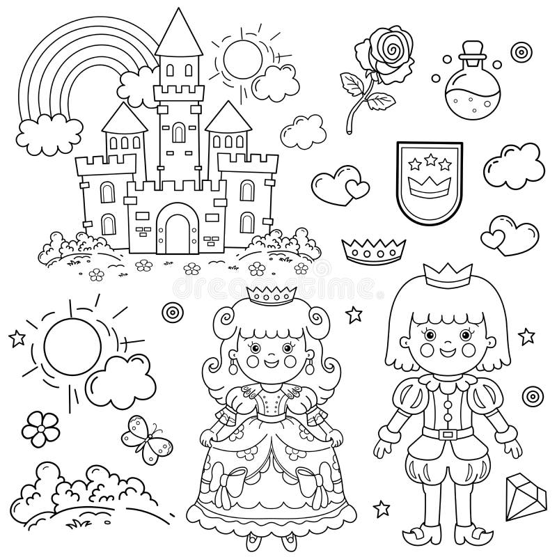Coloring page outline of cartoon lovely prince with beautiful princess royal castle fairy tale heroes or characters stock vector