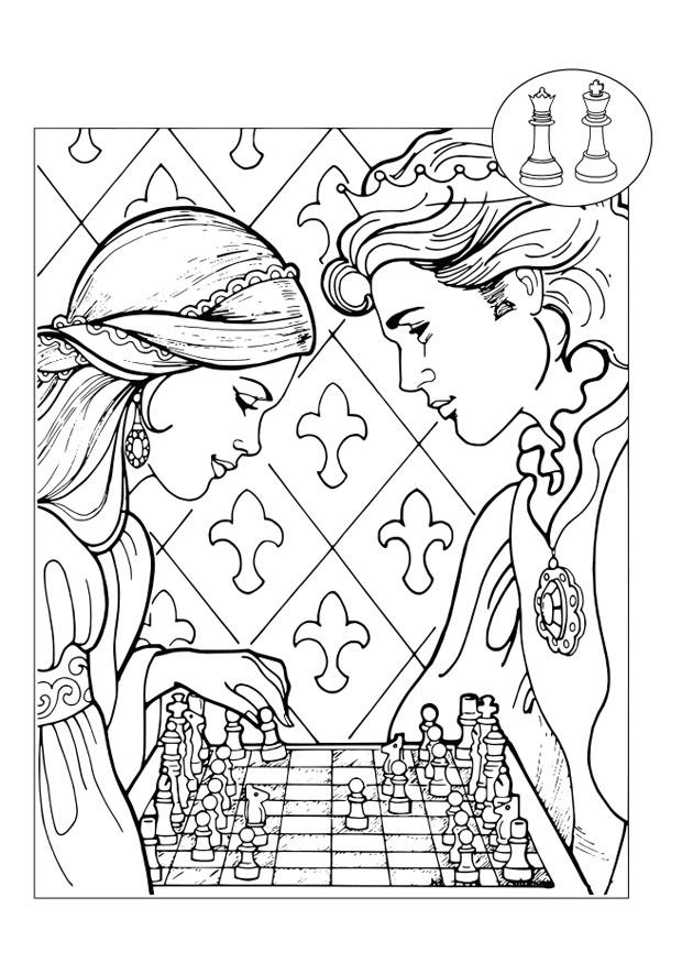 Coloring page prince and princess playing chess