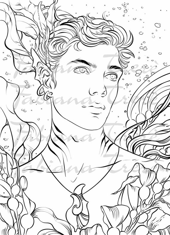 Mermaid prince boy coloring page fantasy fairytale line art adult coloring digital stamp jpeg pdf instant download premium