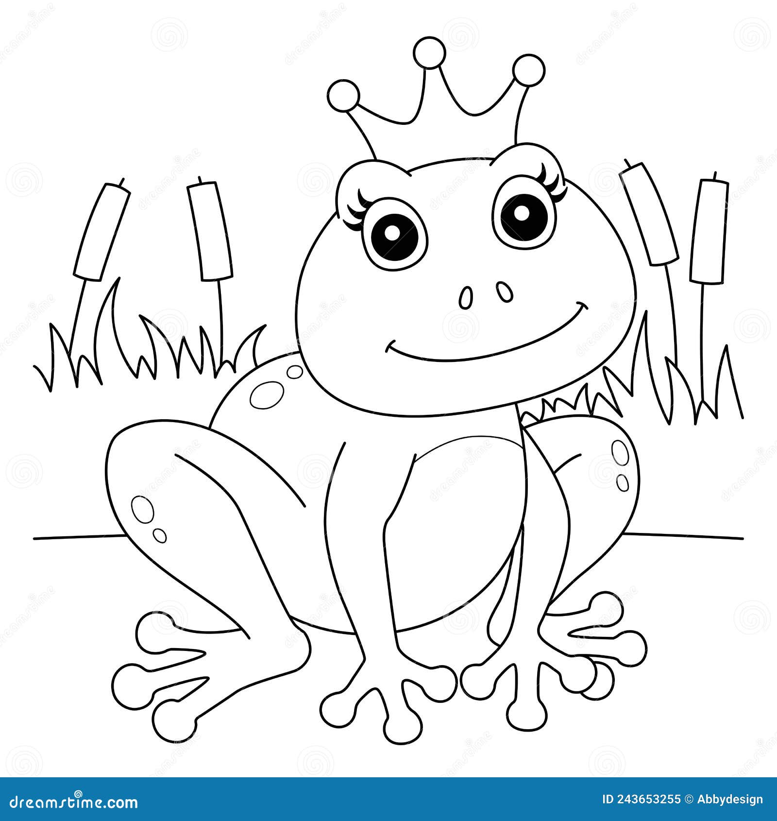 Frog with a crown coloring page for kids stock vector