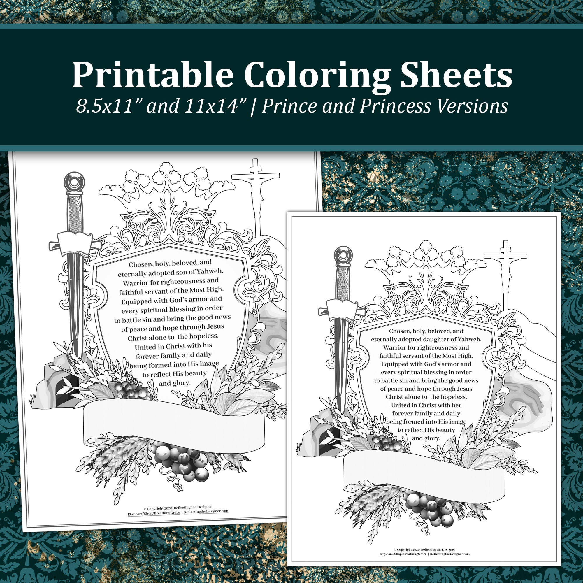 Printable coloring sheet identity in christ gods child for boys and girls gods prince gods princess armor of god
